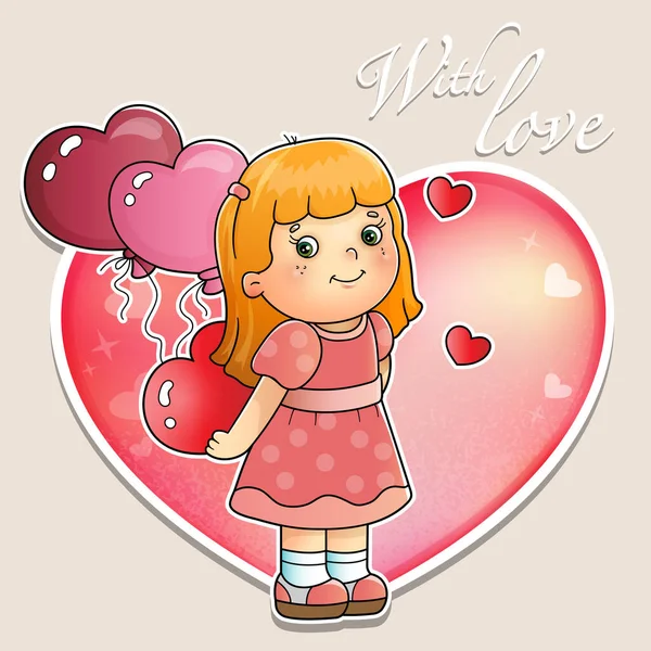 Caricature Fille Avec Coeur Ballons Saint Valentin Carte Saint Valentin — Image vectorielle