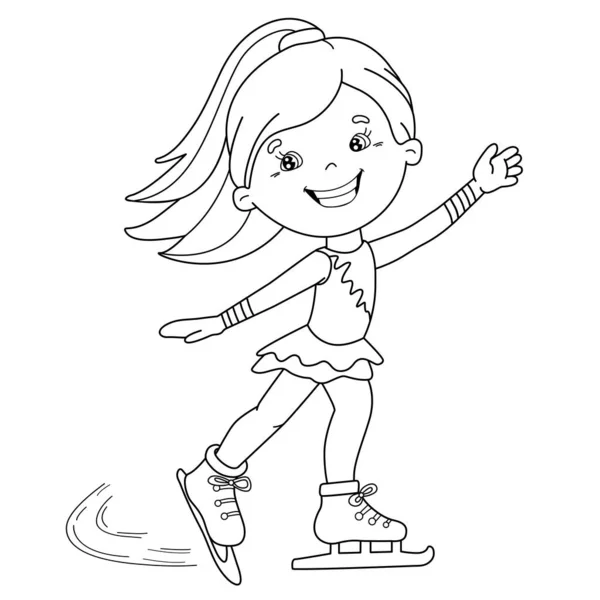 Coloring Page Outline Cartoon Girl Skating Winter Sports Coloring Book — Stock Vector