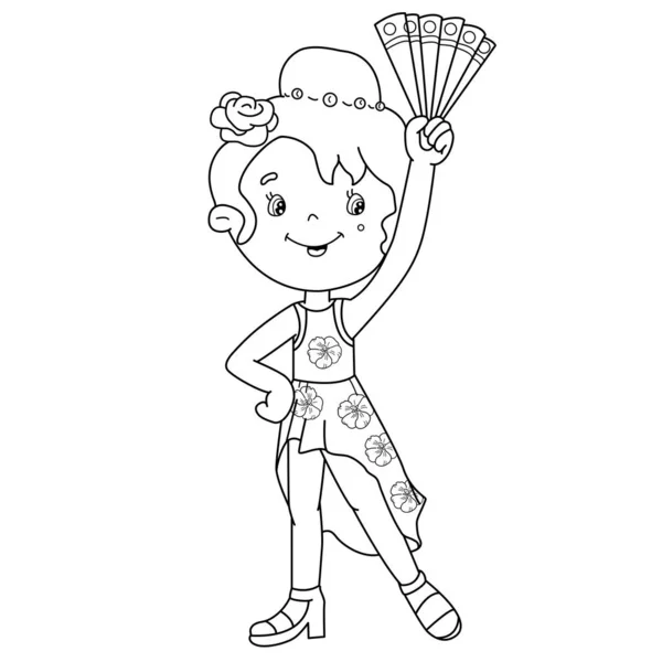 Coloring Page Outline Cartoon Girl Dancing Spanish Tango Coloring Book — Stock Vector