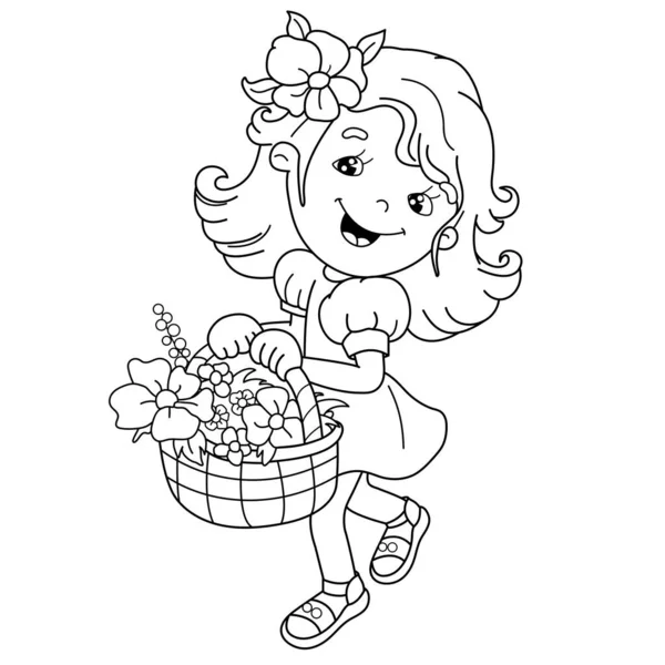 ぬりえページ概要花のバスケットを持つ漫画の女の子の概要 夏のアクティビティ 子供のためのぬり絵 — ストックベクタ