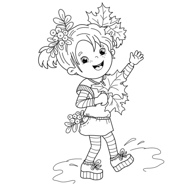 Coloriage Aperçu Fille Dessin Animé Avec Des Feuilles Automne Des — Image vectorielle