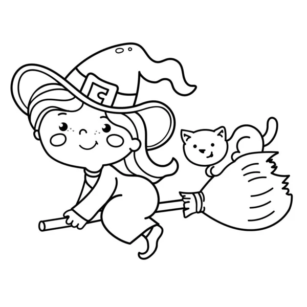 Coloring Page Outline Cartoon Little Witch Broom Pot Cat Halloween — Stock Vector