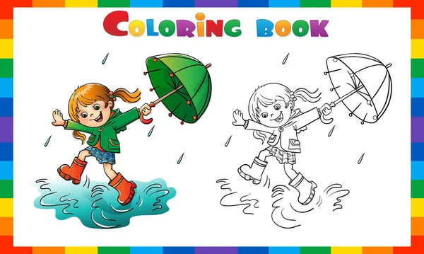 Página Para Colorear Esquema Chica Dibujos Animados Saltando Lluvia Con — Vector de stock