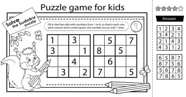 Sudoku bulmacasını eğlenceli sincapla birlikte çöz. Çocuklar için mantık bulmacası. Çocuklar için eğitim oyunu. Boyama sayfası. Okullar için çalışma tablosu vektör tasarımı.