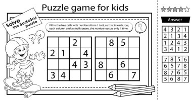 Sudoku bulmacası. Çocuklar için mantık bulmacası. Çocuklar için eğitim oyunu. Kaykaylı çocuk. Boyama sayfası. Okullar için çalışma tablosu vektör tasarımı.