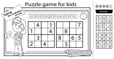 Çocukla birlikte sudoku bulmacasını çöz. Çocuklar için mantık bulmacası. Çocuklar için eğitim oyunu. Boyama sayfası. Okullar için çalışma tablosu vektör tasarımı.