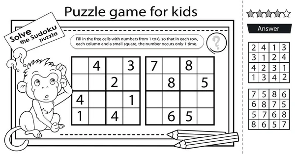 Solve Sudoku Puzzle Together Little Monkey Logic Puzzle Kids Education — Stock Vector