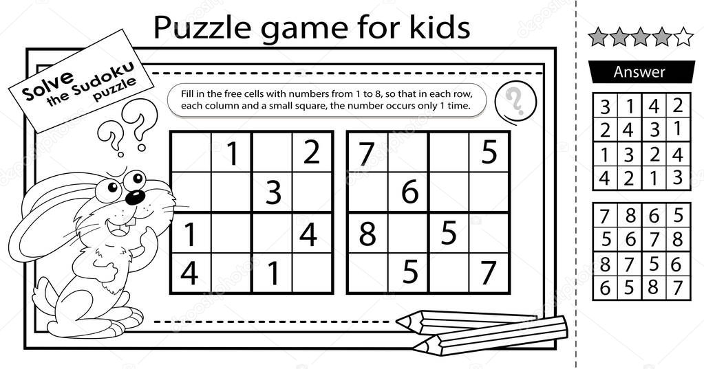 Solve the sudoku puzzle together with the little rabbit. Logic puzzle for kids. Education game for children. Coloring Page. Worksheet vector design for schoolers.