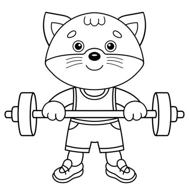 Çizgi filmdeki halterli kedi atletlerin ana hatlarını boyamak. Spor egzersizi. Çocuklar için Boyama Kitabı.