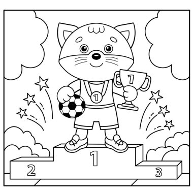 Futbol fincanı ile çizgi film kedisinin ana hatlarını boyamak. Şampiyon ya da futbol maçı galibi. Çocuklar için Boyama Kitabı.