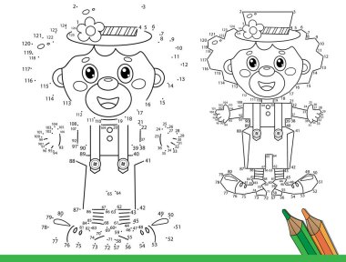 Puzzle Game for kids: numbers game. Coloring Page Outline of cartoon circus clown. Coloring Book for children. vector Puzzle Game for kids: numbers game. Coloring Page Outline of cartoon circus clown. Coloring Book for children. vector