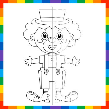 Simetrik olarak çiz. Noktaları birleştir. İzleme çizelgesi. Çizgi film palyaçosunun boyama sayfası. Çocuklar için Boyama Kitabı.