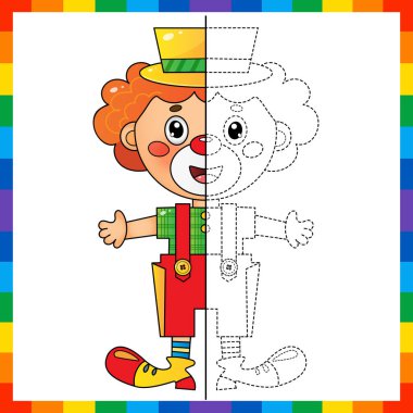 Draw symmetrically. Connect the dots picture. Tracing worksheet. Coloring Page Outline Of cartoon circus clown. Coloring Book for kids. vector Draw symmetrically. Connect the dots picture. Tracing worksheet. Coloring Page Outline Of cartoon circus clown. Coloring Book for kids. vector