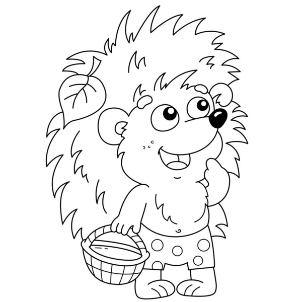 Coloring Page Outline Cartoon Small Hedgehog Basket Mushrooms Coloring Book — Stock Vector