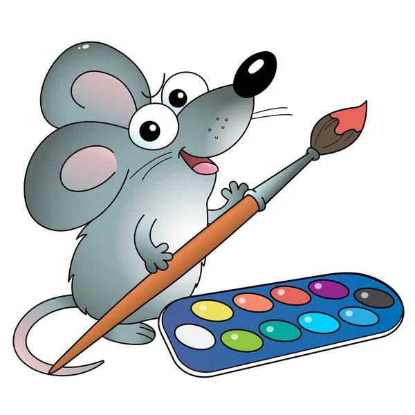 Cartoon Maus Mit Pinsel Und Farben Kleiner Künstler Bunte Vektorillustration — Stockvektor