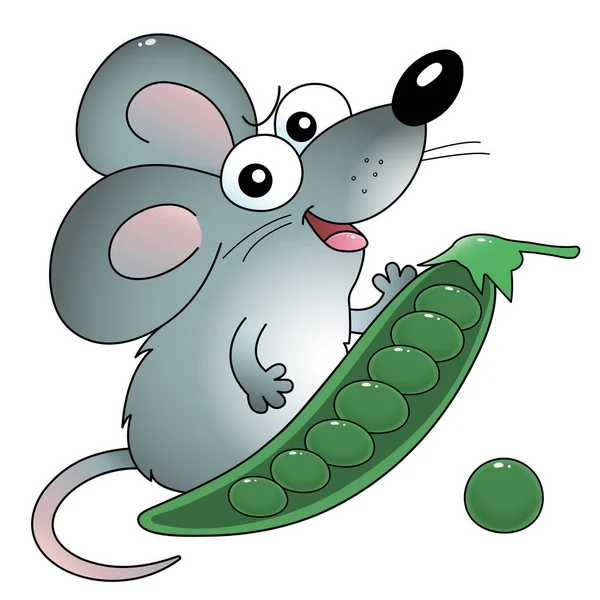 Cartoon Little Mouse Green Pea Pod Colorful Vector Illustration Kids — Stock Vector