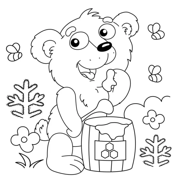 Zbarvení Stránky Obrys Kresleného Medvídka Barelem Medu Omalovánky Pro Děti — Stockový vektor