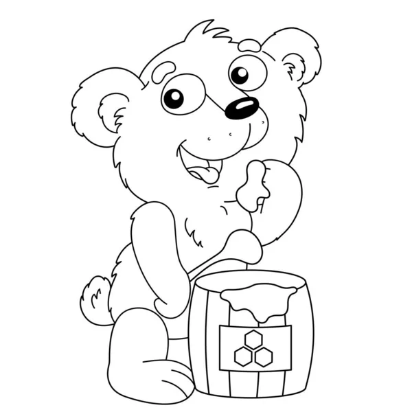 Zbarvení Stránky Obrys Kresleného Medvídka Barelem Medu Omalovánky Pro Děti — Stockový vektor