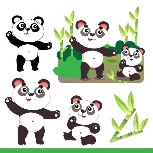 Panda Dibujos Animados Con Cachorro Bambú Caña Azúcar Animales Zoológico — Vector de stock