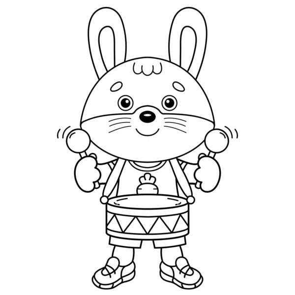 Coloring Page Outline Cartoon Little Bunny Hare Toy Drum Coloring — Stock Vector