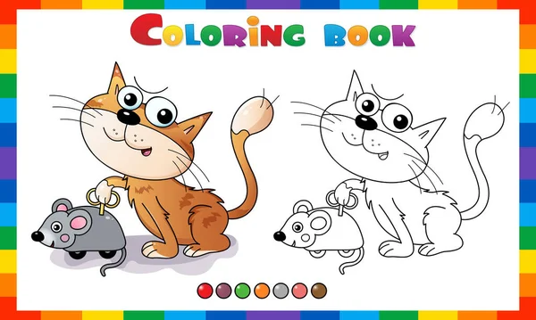 Página Para Colorear Esquema Gato Dibujos Animados Con Ratón Reloj — Vector de stock