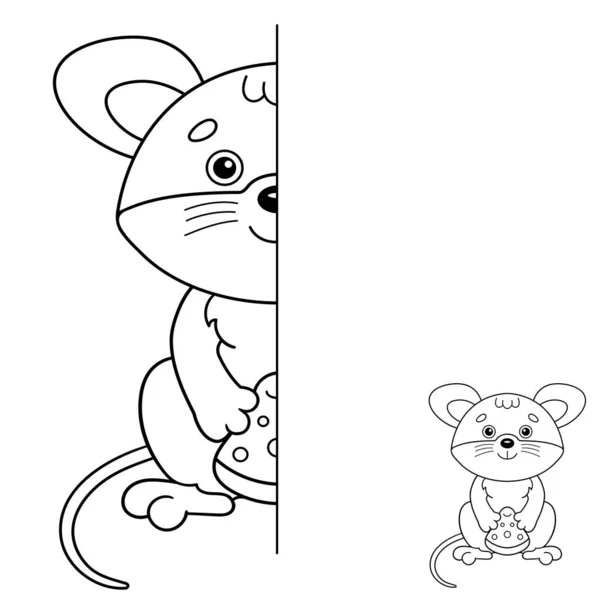 Zeichne Symmetrisch Malvorlage Umriss Der Karikatur Kleine Maus Mit Käse — Stockvektor