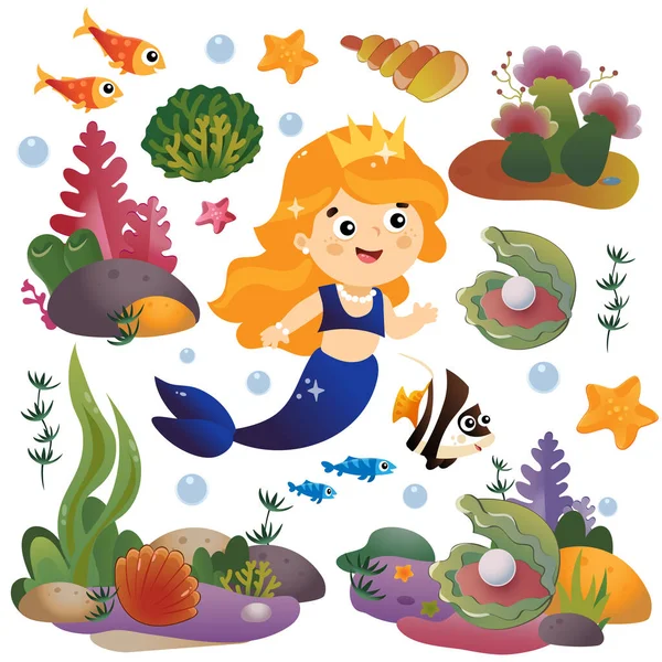 Desenhos Animados Linda Pequena Sereia Princesa Marinha Mundo Subaquático Recife —  Vetores de Stock