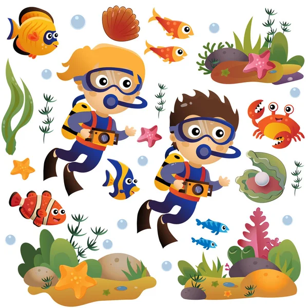 Карикатурные Аквалангисты Морская Фотография Стрельба Подводный Мир Коралловый Риф Рыбами — стоковый вектор