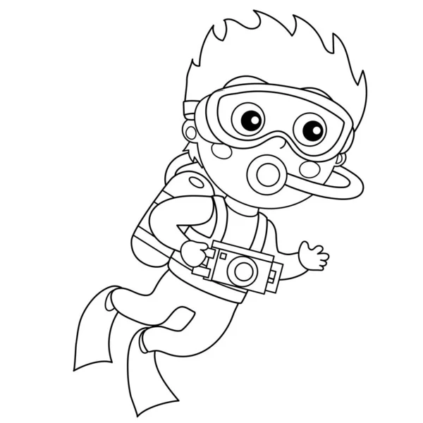 Disegno Colorare Outline Cartoon Little Boy Scuba Subacqueo Fotografia Marina — Vettoriale Stock