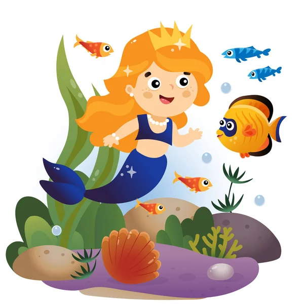 Karikatur Schöne Kleine Meerjungfrau Meeresprinzessin Unterwasserwelt Korallenriff Mit Fischen Perlmuscheln — Stockvektor