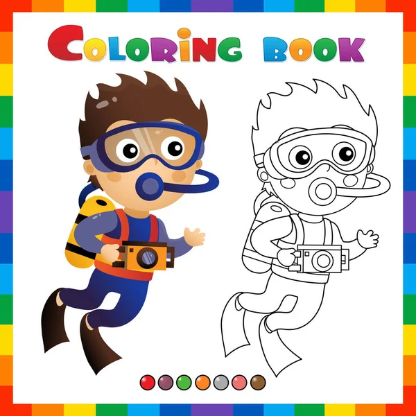 Coloring Page Sammanfattning Tecknad Liten Pojke Dykare Marin Fotografering Eller — Stock vektor