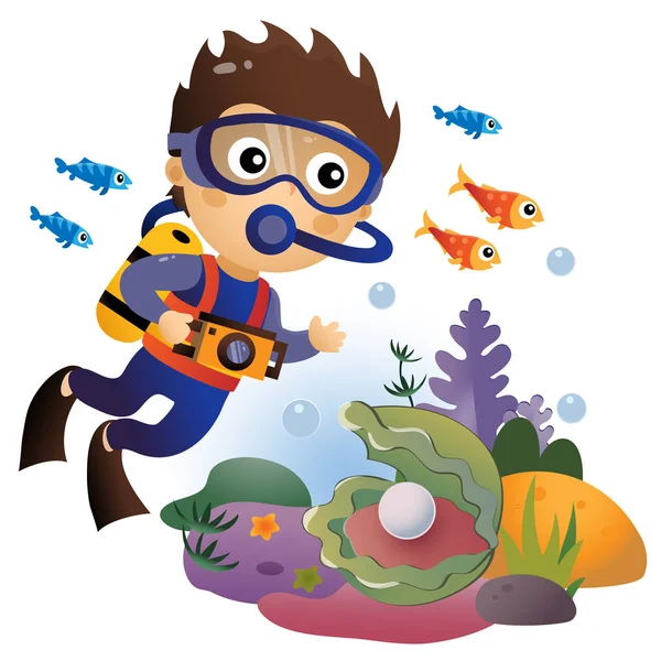 Cartoon Kleine Jongen Scuba Duiker Mariene Fotografie Schieten Onderwaterwereld Koraalrif — Stockvector