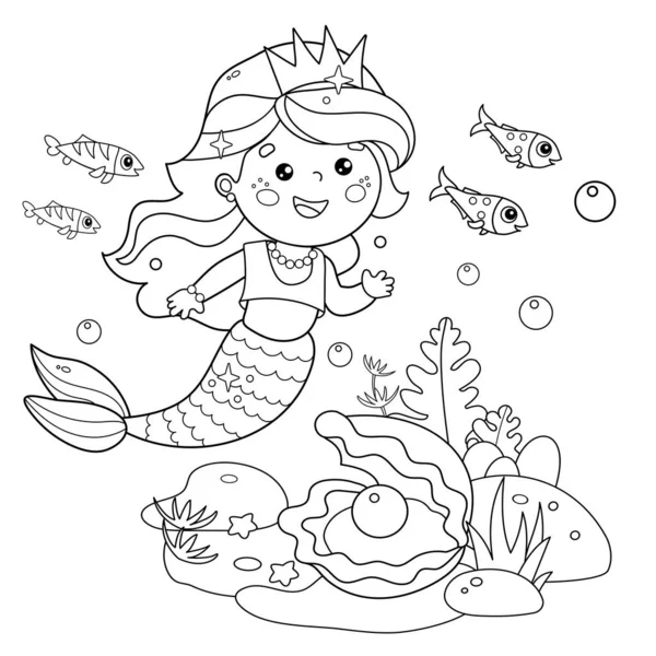 Kleurplaat Overzicht Van Cartoon Mooie Kleine Zeemeermin Mariene Prinses Onderwaterwereld — Stockvector