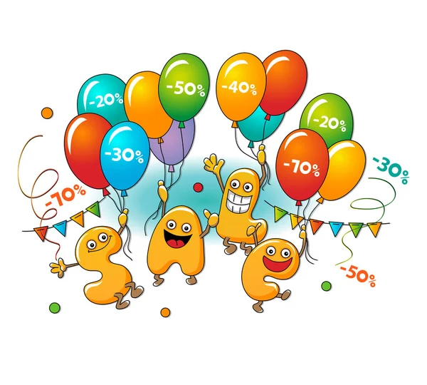 Caracteres engraçados de venda: letras com os balões de cor no whi — Vetor de Stock