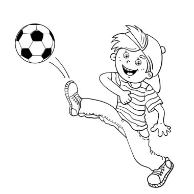 Coloring Page Outline Of A Boy kicking a soccer ball clipart