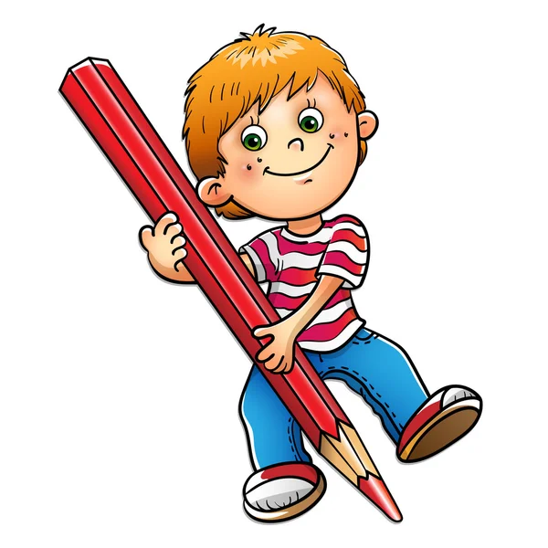 Giovane ragazzo disegno con matita rossa isolato su bianco — Vettoriale Stock