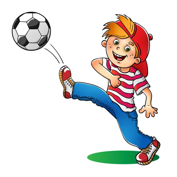 Chico con gorra roja pateando una pelota de fútbol — Vector de stock