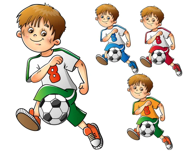 Conjunto de meninos jogando futebol isolado em branco — Vetor de Stock
