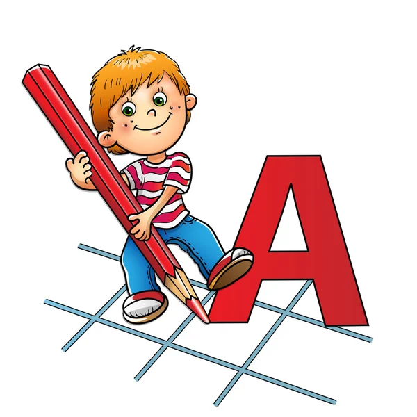 Young boy drawing a large letter in red pencil — Stock Vector