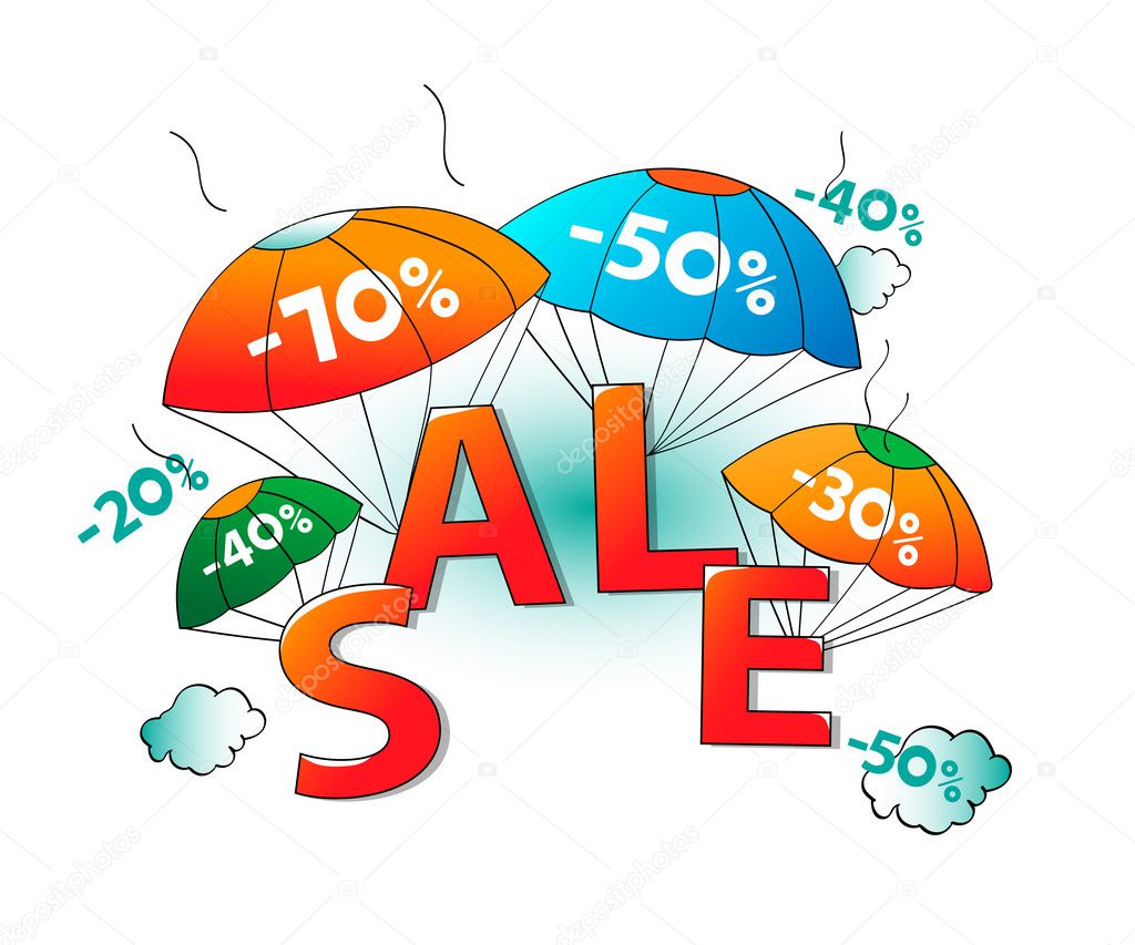 Sale by parachutes on white background