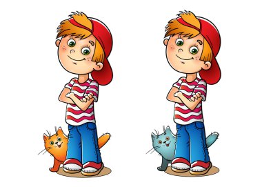 Çocuk bir kırmızı bere ve kedi onun çizgili tişört