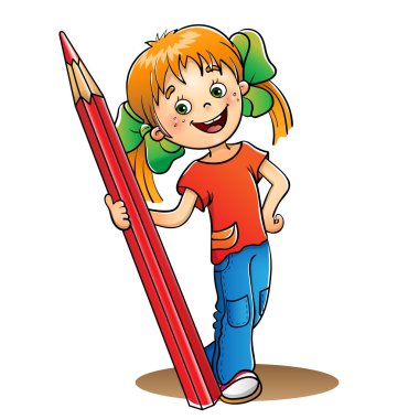 Kız beyaz izole kırmızı kalem ile