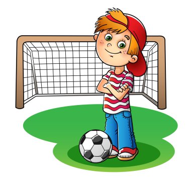 Çocuk bir kırmızı bere ve bir futbol topu ve foo çizgili tişört