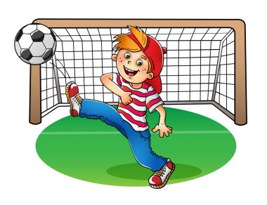 Bir futbol topu tekmeleme kırmızı bere içindeki çocuk