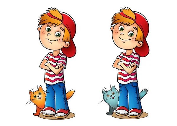 Niño con gorra roja y camiseta a rayas con su gato — Vector de stock