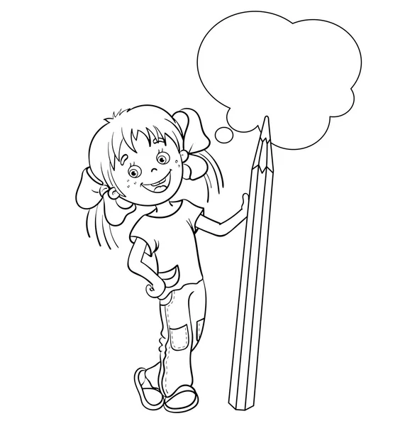 着色页大纲的卡通女孩用铅笔 — 图库矢量图片