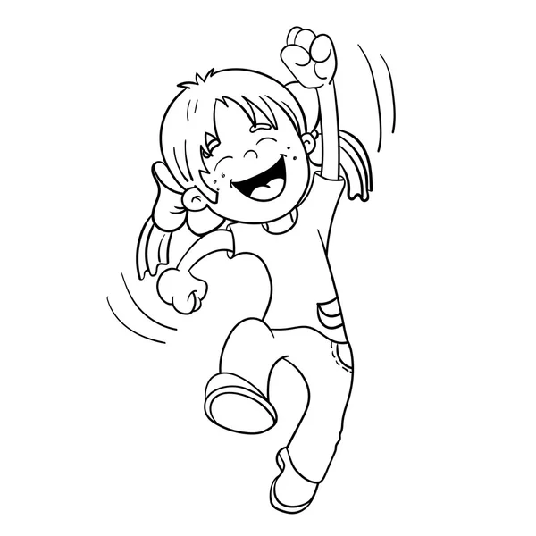 Desenho da página de colorir de uma menina de salto dos desenhos animados — Vetor de Stock