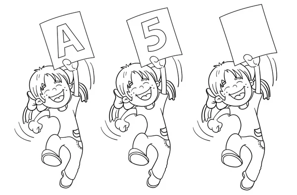 Desenho de página para colorir de uma garota de salto dos desenhos animados com rato mais alto — Vetor de Stock