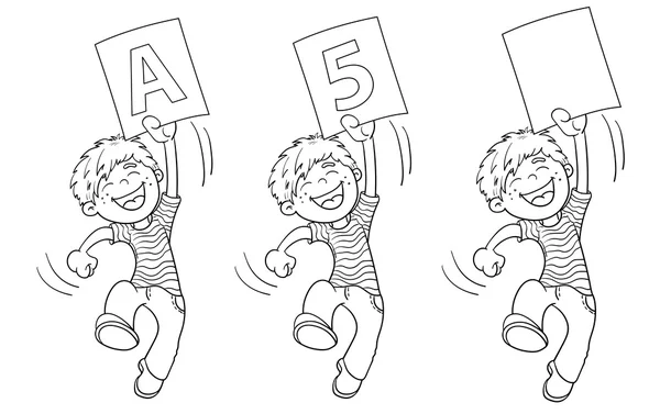 Malvorlagen Umriss eines Cartoon springenden Jungen mit höchsten Rati — Stockvektor