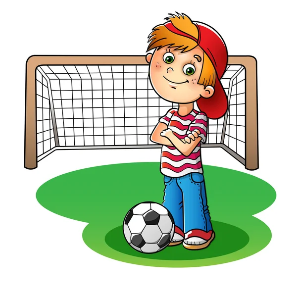 Αγόρι σε ένα κόκκινο καπάκι και ριγέ μπλούζα με μια μπάλα ποδοσφαίρου και το foo — Διανυσματικό Αρχείο